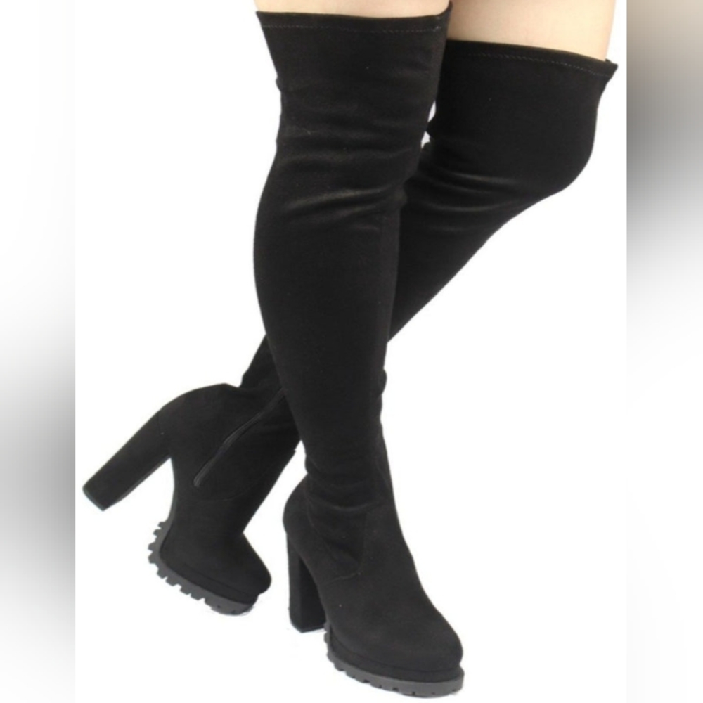 Wild Diva Black Chunky Heel Over the Knee Boots